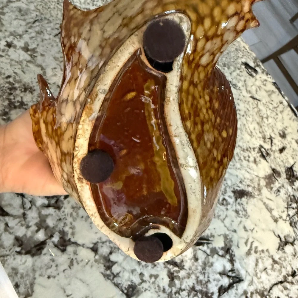 Vintage mid-century mojolica Handcrafted Ceramic Fish Basket - Brown and Green